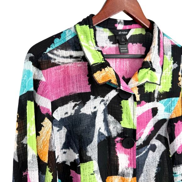 Ali Miles Sz Large Pink Black Tropical Wearable Art to Wear Blouse Shirt Top - Picture 4 of 8